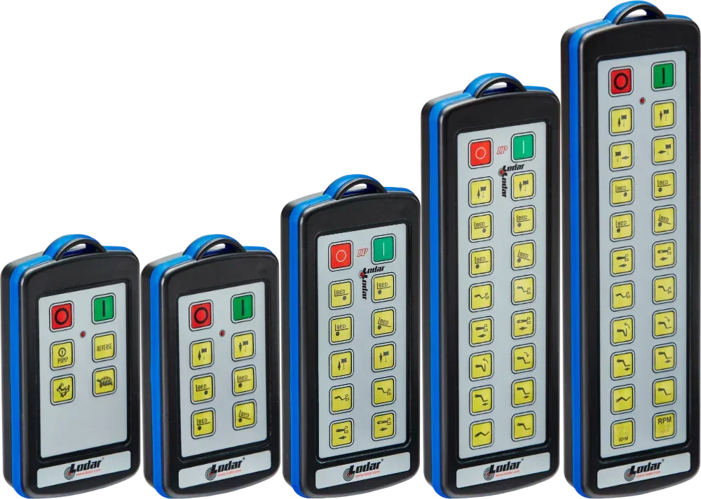 Four handheld remote controls of varying sizes with yellow buttons and blue trim, arranged in a row.