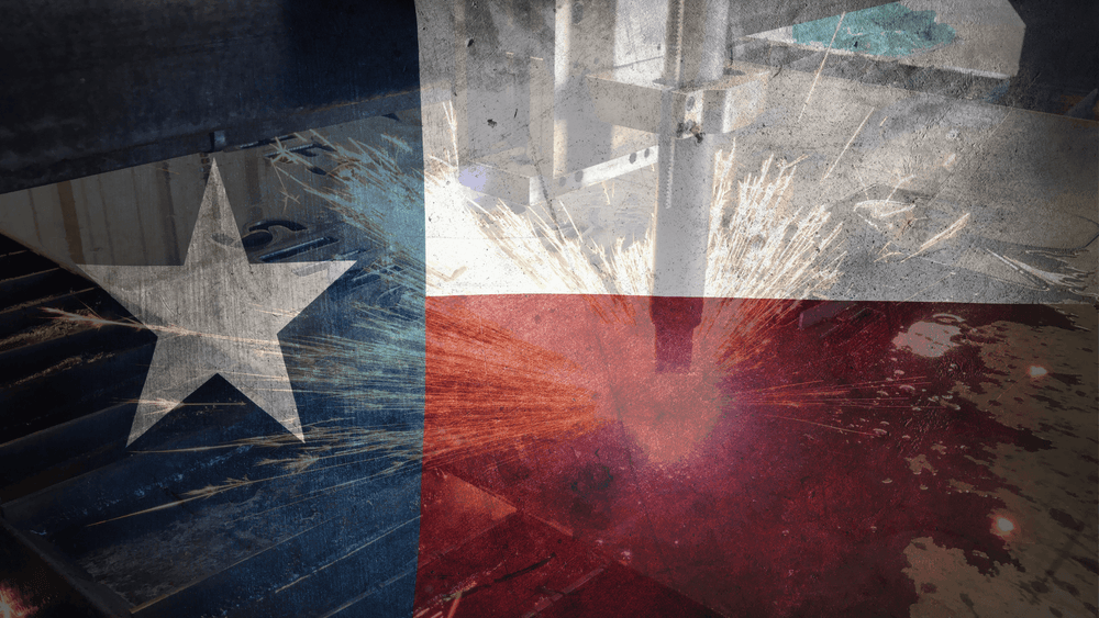 Texas flag overlay on a metal cutting machine with sparks flying during industrial work.