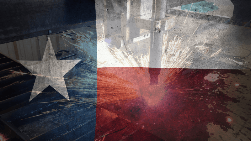 Texas flag overlay on a metal cutting machine with sparks flying during industrial work.