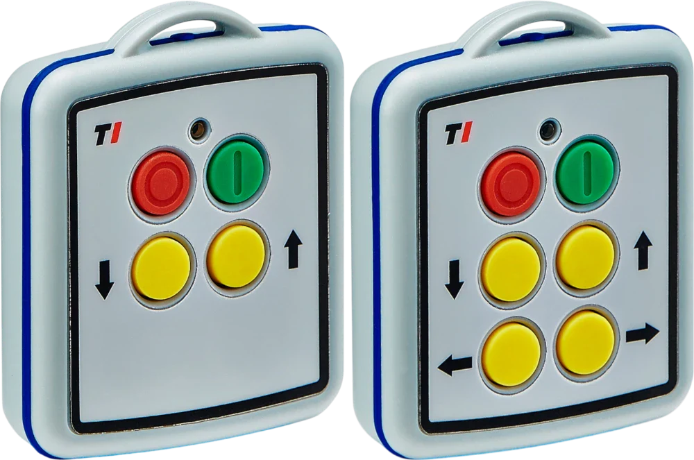 Two identical control keypads with colored buttons: red, green, and four yellow buttons with arrows.