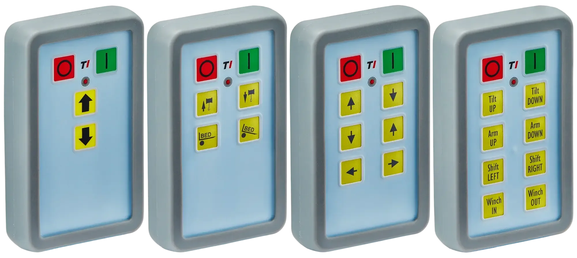 Four rectangular remote control panels, each with red, green, and yellow buttons featuring arrow symbols and text.