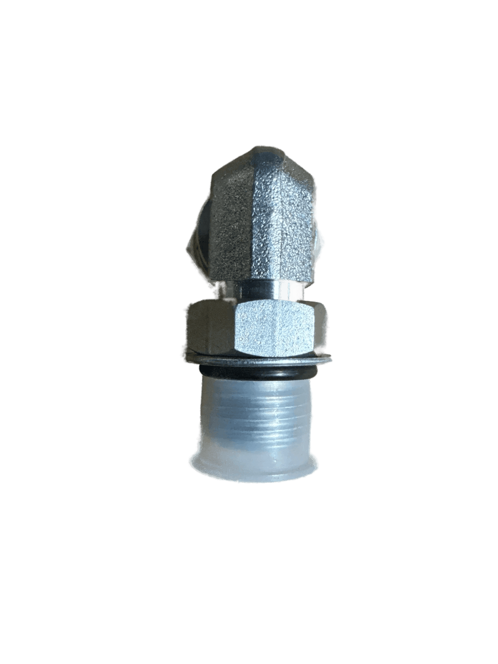 The PIERCE Hydraulics Fitting features a 90-degree swivel elbow with a male 9/16 in boss thread and female 3/8 in port, designed for hydraulic systems. Isolated on white.