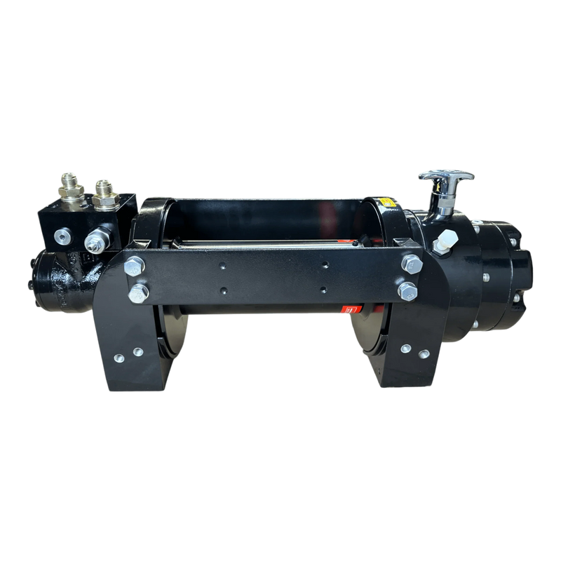 The 10,000 lb Hydraulic Recovery Winch by Internal - Pierce Assembly Team features metal fittings and bolts, designed for industrial recovery, shown isolated on a white background.