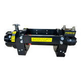 The PIERCE 10,000 lb Hydraulic Recovery Winch features yellow safety labels and right-side branding, delivering dependable pulling power for towing and recovery, shown against a white background.