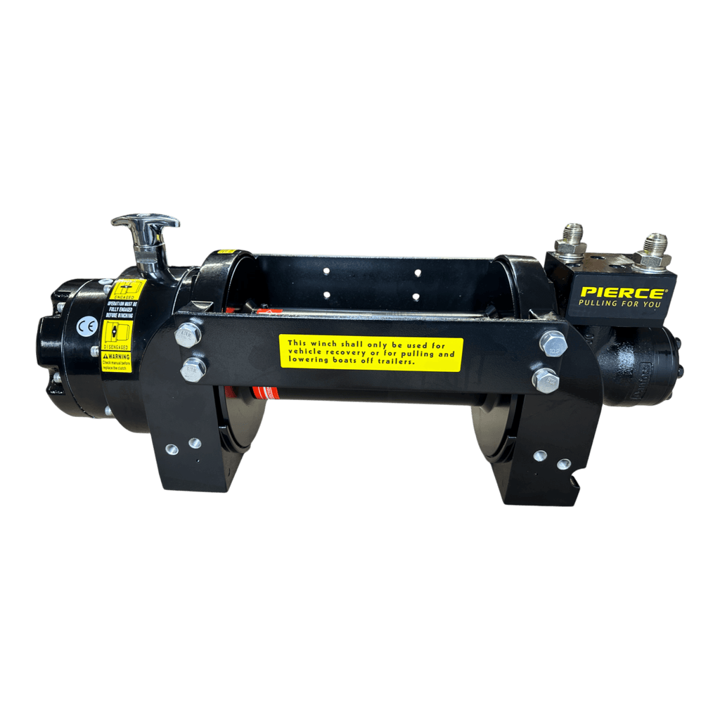 The PIERCE 10,000 lb Hydraulic Recovery Winch features yellow safety labels and right-side branding, delivering dependable pulling power for towing and recovery, shown against a white background.