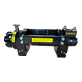 The PIERCE 10,000 lb Hydraulic Recovery Winch features yellow safety labels and right-side branding, delivering dependable pulling power for towing and recovery, shown against a white background.