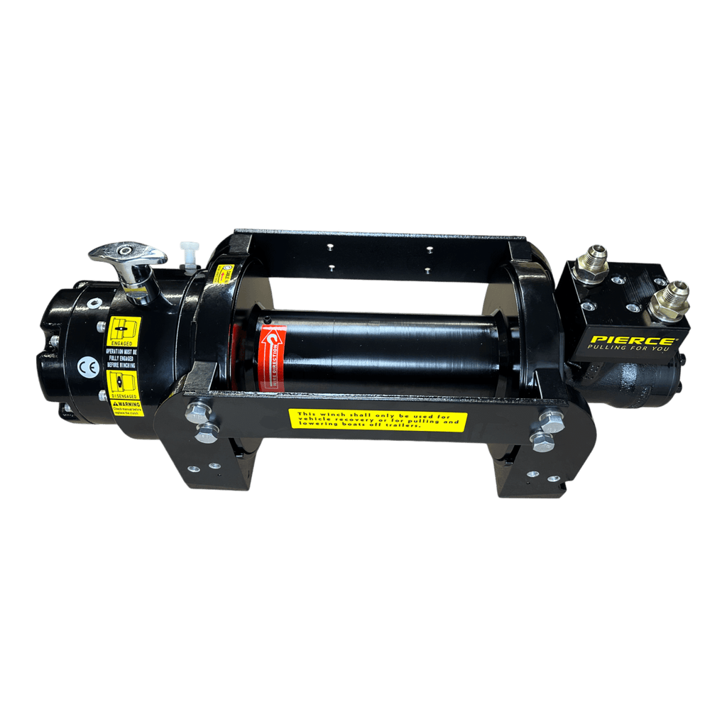 The PIERCE 10,000 lb Hydraulic Recovery Winch is shown against a white background, with control labels and prominent PIERCE branding on the right side.
