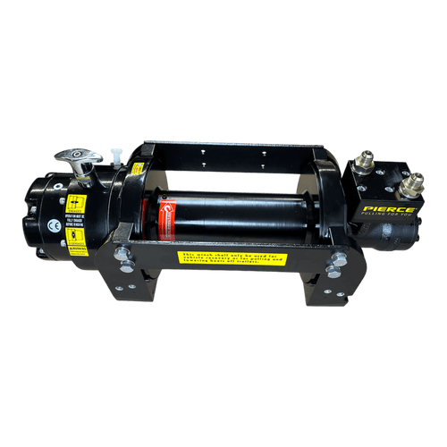 The PIERCE 10,000 lb Hydraulic Recovery Winch is shown against a white background, with control labels and prominent PIERCE branding on the right side.