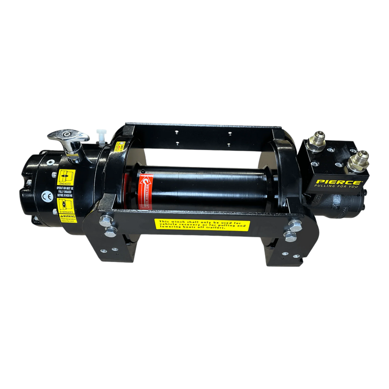 The PIERCE 10,000 lb Hydraulic Recovery Winch is shown against a white background, with control labels and prominent PIERCE branding on the right side.