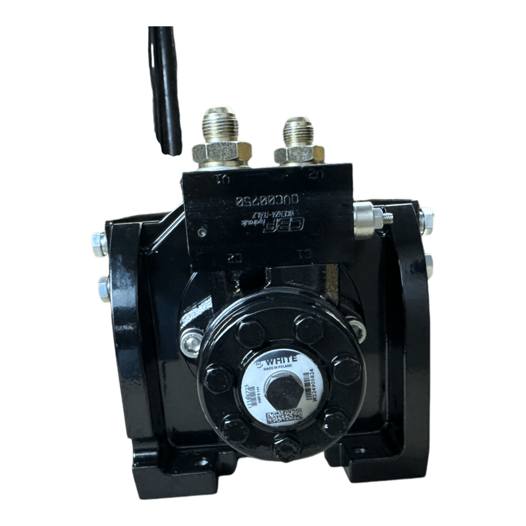 The 10,000 lb Hydraulic Recovery Winch by Internal - Pierce Assembly Team features bolts, a label, and two metal connectors on top, designed for industrial recovery tasks. Shown photographed on a white background.