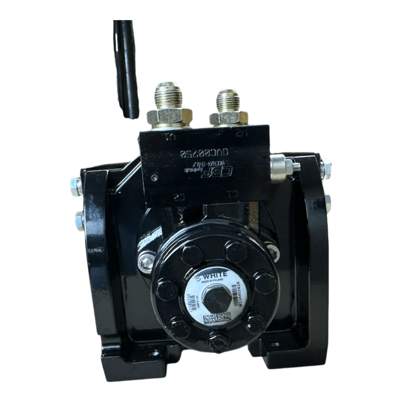 The 10,000 lb Hydraulic Recovery Winch by Internal - Pierce Assembly Team features bolts, a label, and two metal connectors on top, designed for industrial recovery tasks. Shown photographed on a white background.
