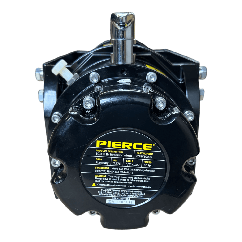 A black 10,000 lb Hydraulic Recovery Winch by Internal - Pierce Assembly Team, featuring a yellow label with specs, viewed from the front.