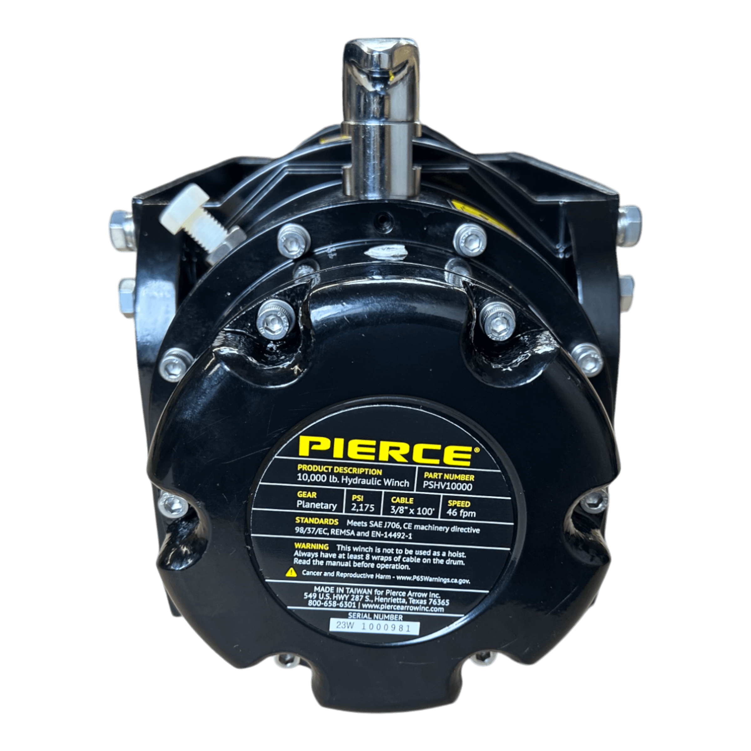 A black 10,000 lb Hydraulic Recovery Winch by Internal - Pierce Assembly Team, featuring a yellow label with specs, viewed from the front.