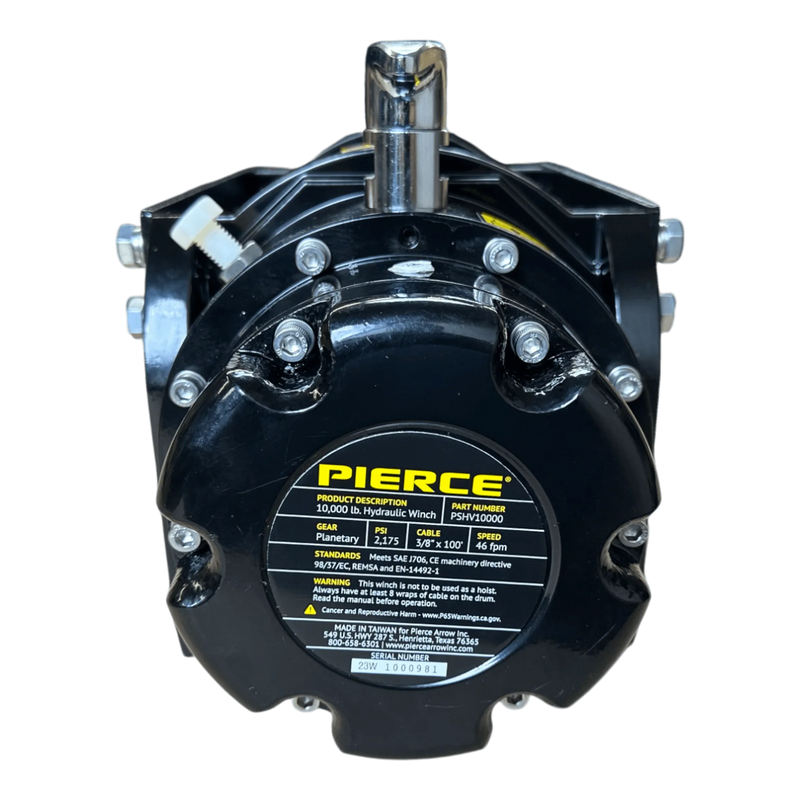 A black 10,000 lb Hydraulic Recovery Winch by Internal - Pierce Assembly Team, featuring a yellow label with specs, viewed from the front.