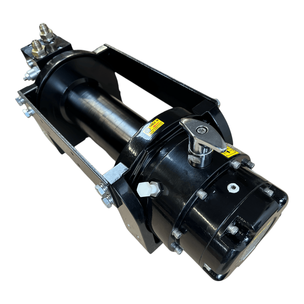 The Internal - Pierce Assembly Team 10,000 lb Hydraulic Recovery Winch features a black industrial hydraulic cylinder with metal fittings and mounting brackets—perfect for heavy-duty recovery tasks. Shown isolated on a white background.