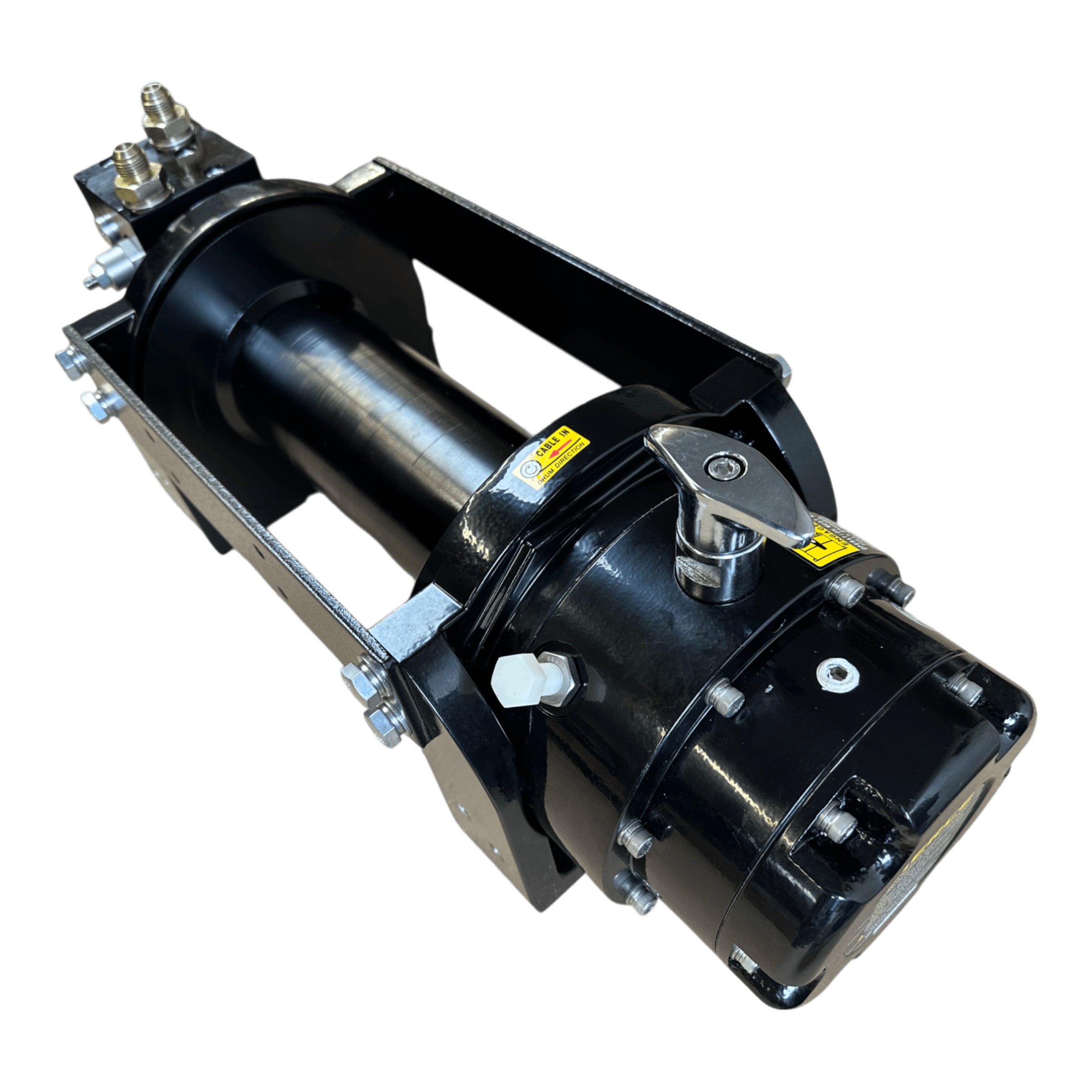 The Internal - Pierce Assembly Team 10,000 lb Hydraulic Recovery Winch features a black industrial hydraulic cylinder with metal fittings and mounting brackets—perfect for heavy-duty recovery tasks. Shown isolated on a white background.