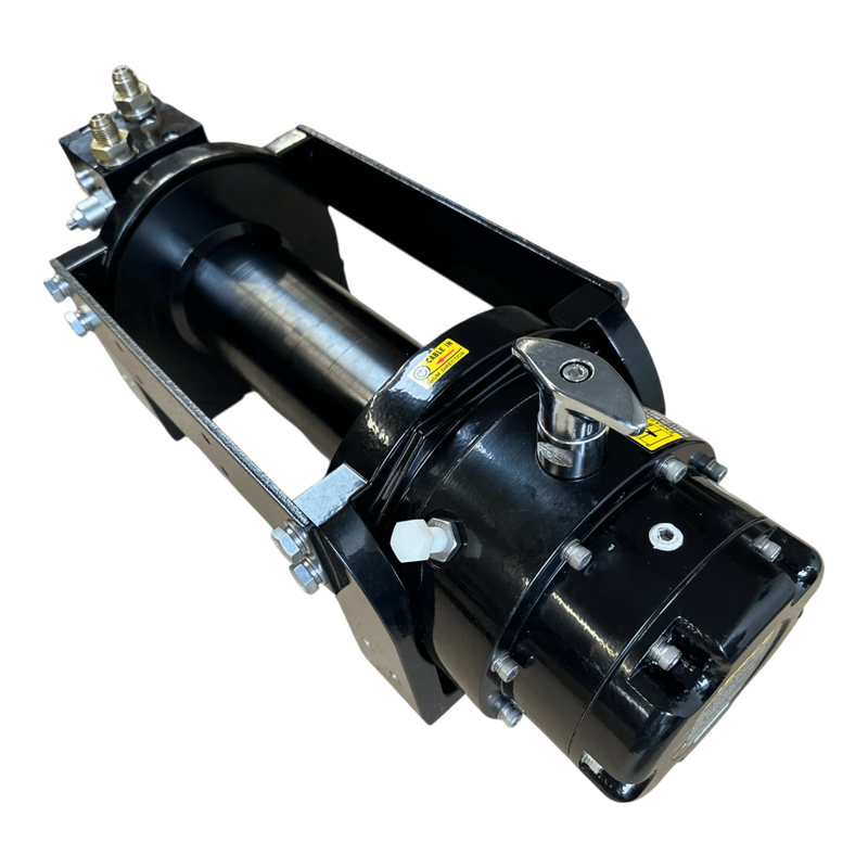 The Internal - Pierce Assembly Team 10,000 lb Hydraulic Recovery Winch features a black industrial hydraulic cylinder with metal fittings and mounting brackets—perfect for heavy-duty recovery tasks. Shown isolated on a white background.