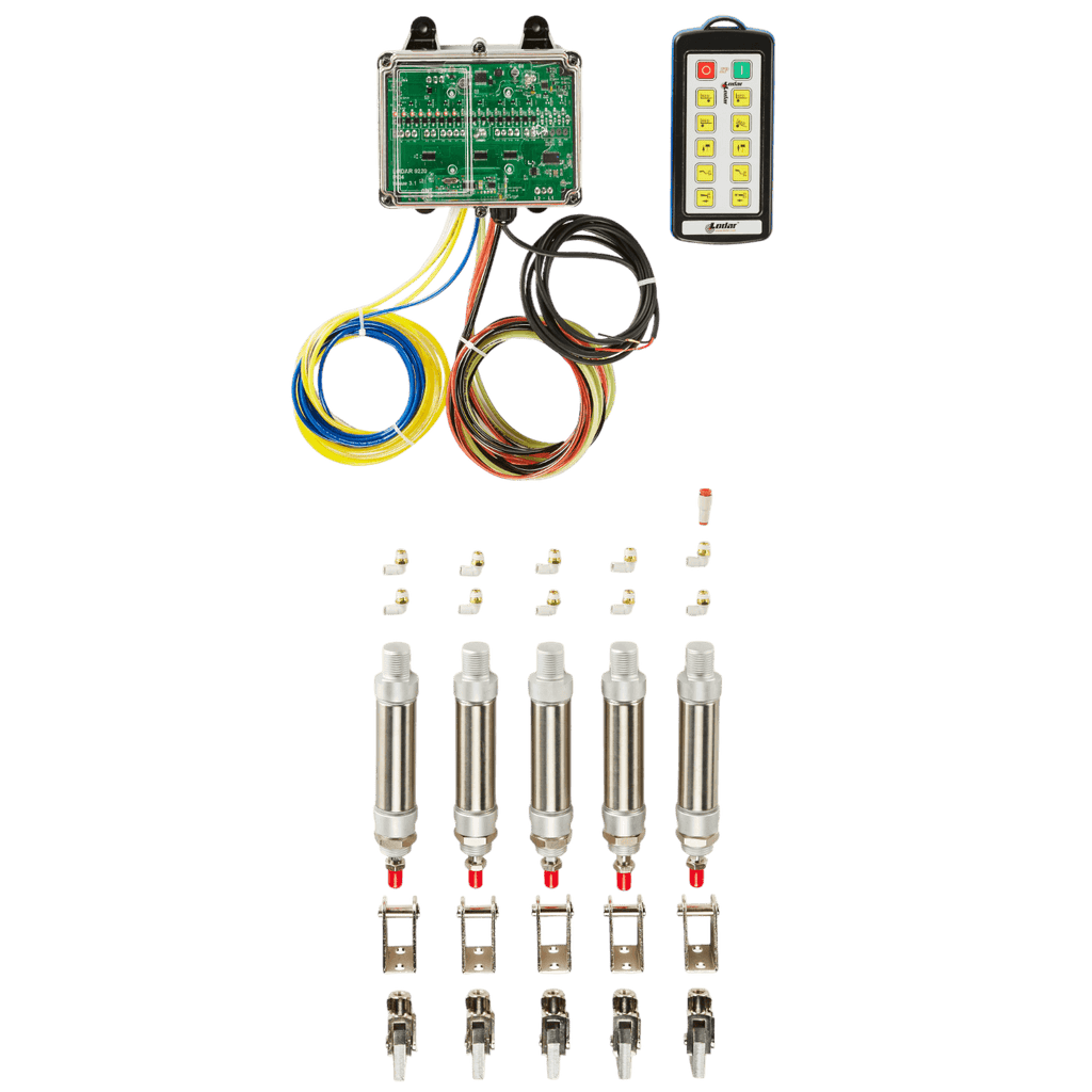 Lodar Service 10 Function IP Wireless Actuator Control System (92 Series, FET Air Receiver) with electronic control box, remote, wires, four metal pneumatic valves, and hardware arranged on a white background.