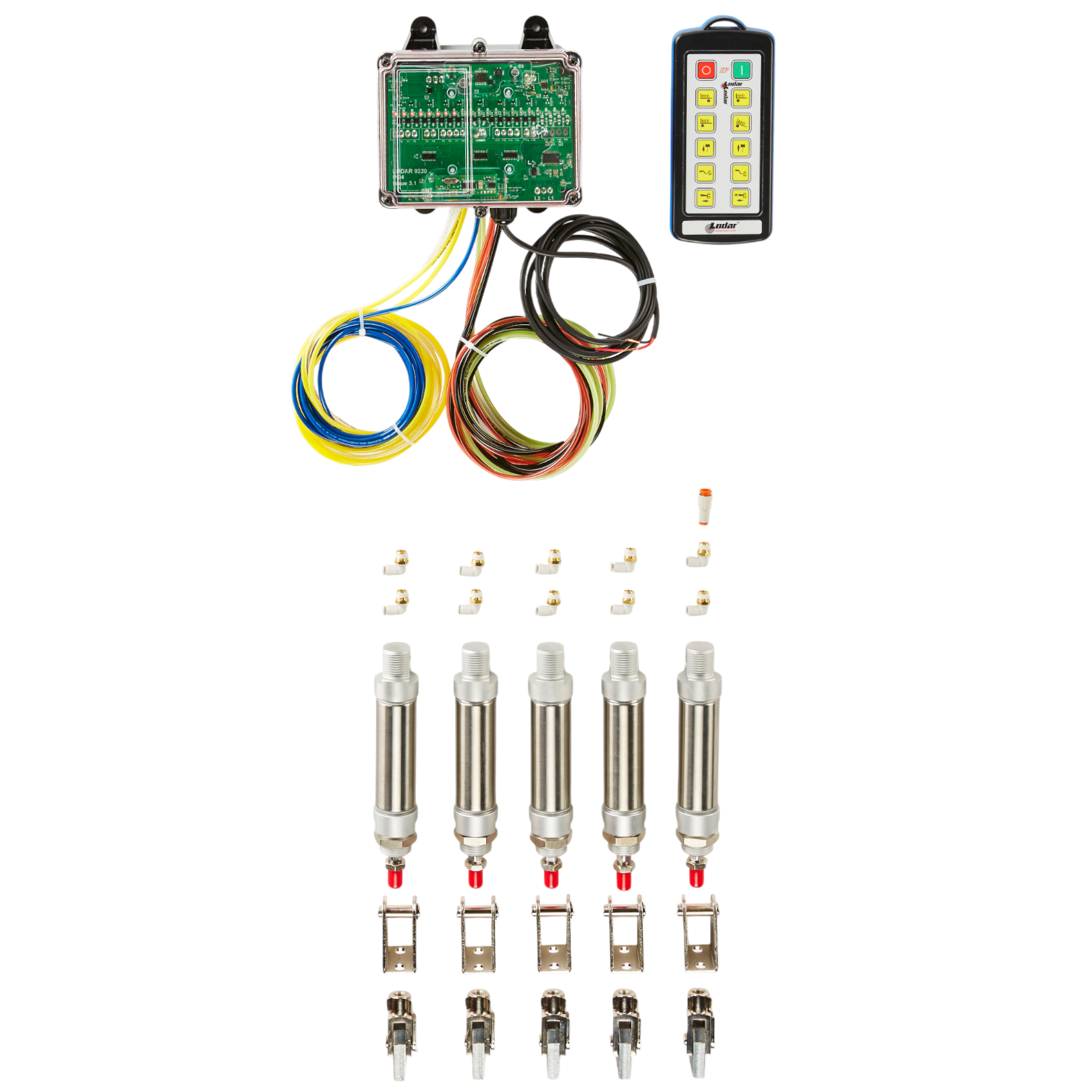 The 92 Series product from Lodar LTD, named the "10 Function IP Wireless Actuator Control System," includes automotive nitrous oxide system components with a seamless wireless air actuator. The setup comes complete with wiring, a control box equipped with remote control capabilities, and injectors on display, offering 10 functions for enhanced performance.