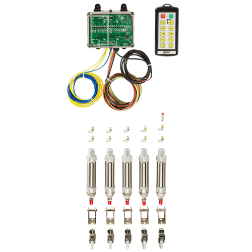 Lodar Service 10 Function IP Wireless Actuator Control System (92 Series, FET Air Receiver) with electronic control box, remote, wires, four metal pneumatic valves, and hardware arranged on a white background.