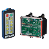 A 10 Function IP Wireless Control System from Lodar LTD's 92 Series, featuring a FET Receiver, showcases a remote control and electronic circuit board complete with buttons and components. This system is designed for solenoid-operated equipment and is isolated on a black background, making it perfect for industrial wireless control applications.