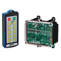 A 10 Function IP Wireless Control System from Lodar LTD's 92 Series, featuring a FET Receiver, showcases a remote control and electronic circuit board complete with buttons and components. This system is designed for solenoid-operated equipment and is isolated on a black background, making it perfect for industrial wireless control applications.