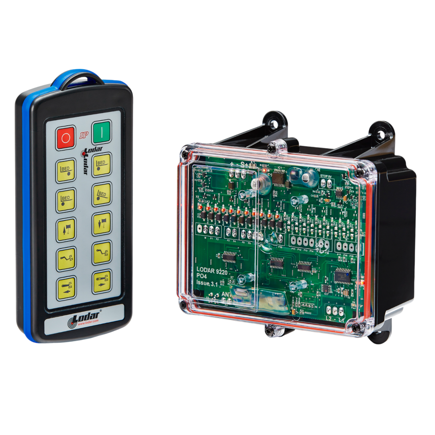 A 10 Function IP Wireless Control System from Lodar LTD's 92 Series, featuring a FET Receiver, showcases a remote control and electronic circuit board complete with buttons and components. This system is designed for solenoid-operated equipment and is isolated on a black background, making it perfect for industrial wireless control applications.