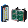 A 10 Function IP Wireless Control System from Lodar LTD's 92 Series, featuring a FET Receiver, showcases a remote control and electronic circuit board complete with buttons and components. This system is designed for solenoid-operated equipment and is isolated on a black background, making it perfect for industrial wireless control applications.