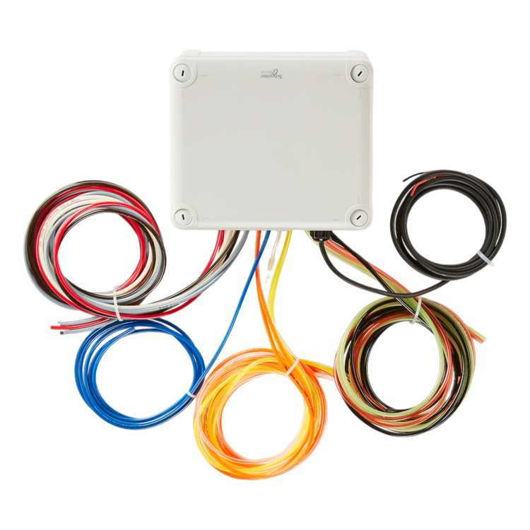 A 10 Function Lodar Replacement FET Air Receiver by Lodar LTD, featuring five colorful cables radiating from a junction box on a plain background, seamlessly integrates into the 92 Series actuator system.