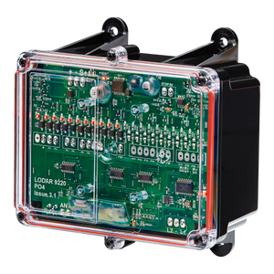 The transparent electronic circuit board, equipped with a master output feature, is enclosed in a clear plastic casing. Its design complements the sophisticated technology of the 10 Function Lodar Replacement FET Receiver from the 92 Series by Lodar LTD, all protected with an IP65 rating for superior durability.