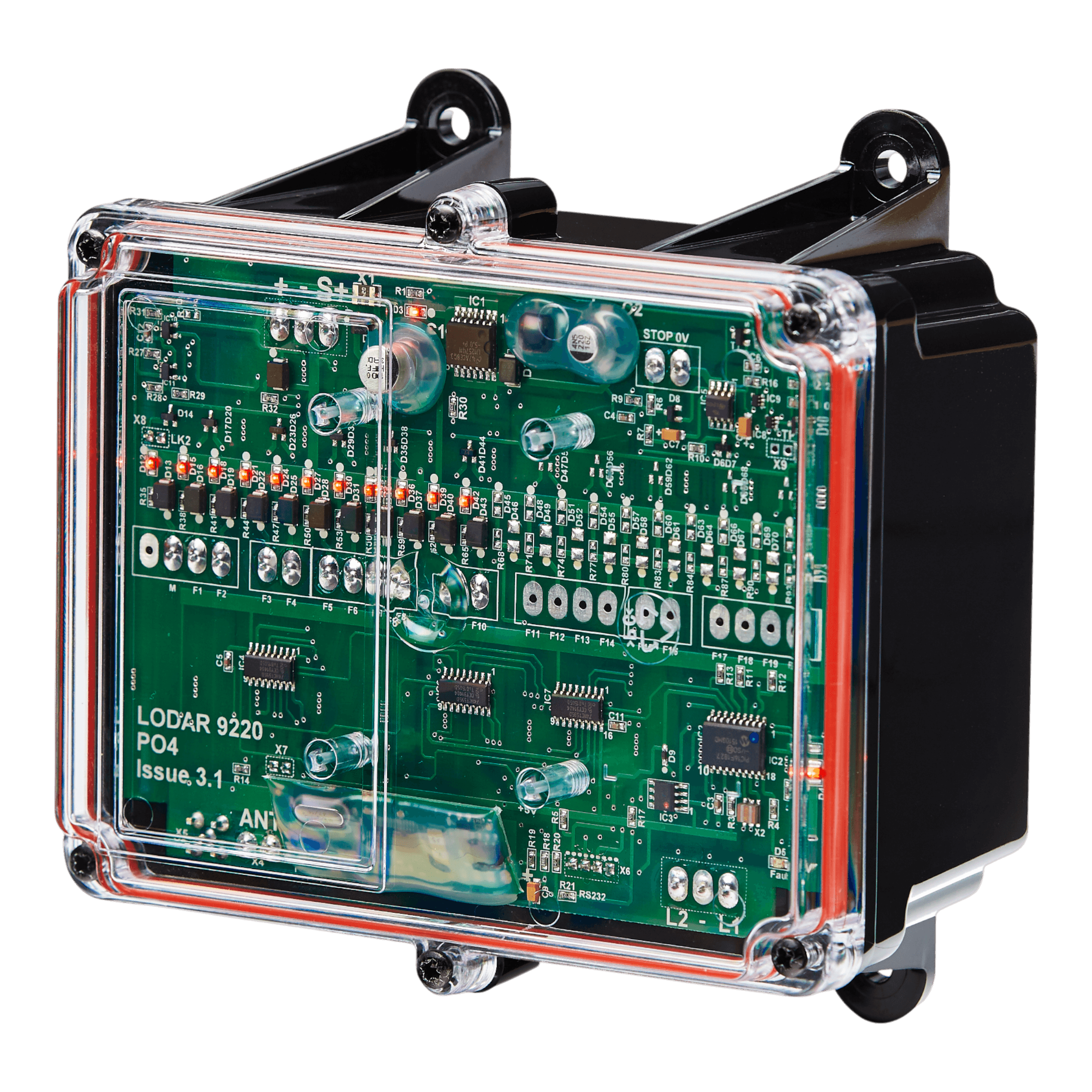 The transparent electronic circuit board, equipped with a master output feature, is enclosed in a clear plastic casing. Its design complements the sophisticated technology of the 10 Function Lodar Replacement FET Receiver from the 92 Series by Lodar LTD, all protected with an IP65 rating for superior durability.