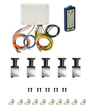 PIERCE's 10 Function Wireless Air System with Bolt-on Actuator | Husco, displayed on a white background, includes a control box, handheld remote, Bolt-on Actuator, screws, and connectors.