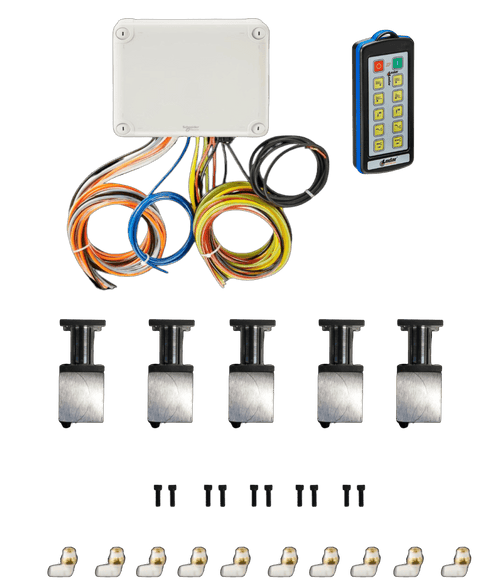 PIERCE 10 Function Direct Mount Wireless Air System for Jerr-Dan (Husco Valves): includes wires, wireless remote, five metal actuators, screws, and connectors—perfect for Jerr-Dan or Lodar system integration.