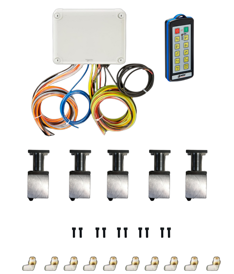 PIERCE's 10 Function Wireless Air System with Bolt-on Actuator | Husco, displayed on a white background, includes a control box, handheld remote, Bolt-on Actuator, screws, and connectors.