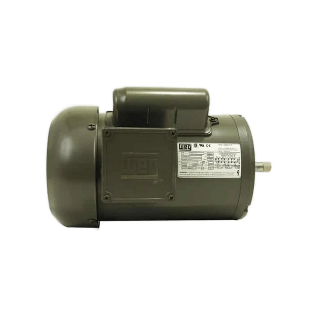 The WEG Electric Motors Corp. 110V Electric Worm Gear Winch Motor (Single Phase) features a label plate and protective casing, fits NEMA 56C mounts, and is compatible as a replacement for PS654-EK winch applications.