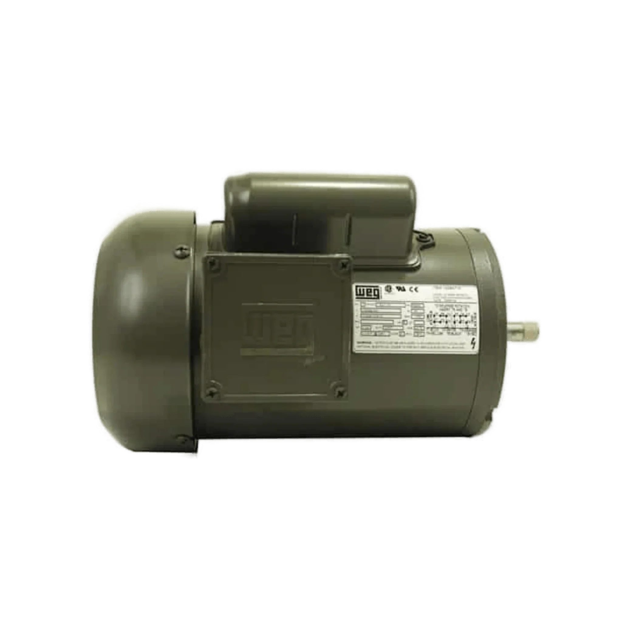 The WEG Electric Motors Corp. 110V Electric Worm Gear Winch Motor (Single Phase) features a label plate and protective casing, fits NEMA 56C mounts, and is compatible as a replacement for PS654-EK winch applications.