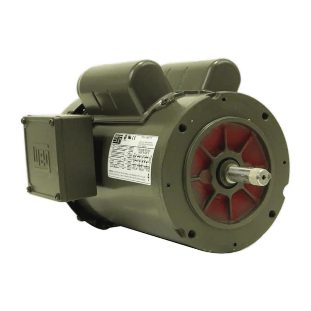 The WEG Electric Motors Corp. 110V Electric Worm Gear Winch Motor | Single Phase features a cylindrical body with mounting feet and a visible rotating shaft, making it ideal as a NEMA 56C replacement or for PS654-EK winch applications.