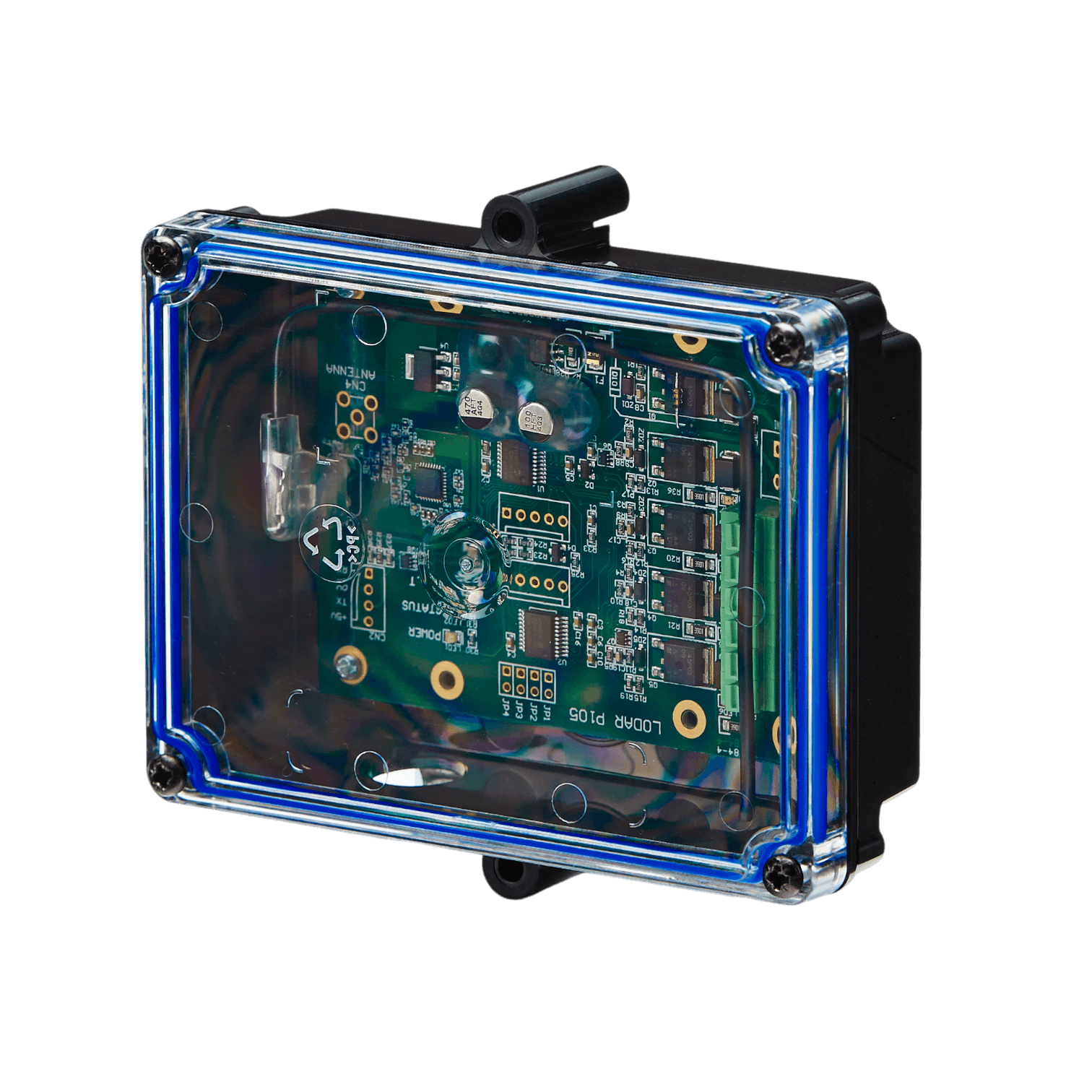 The 4 Function 12/24V Lodar Replacement FET Receiver | 11 Series by Lodar LTD is a transparent electronic device featuring a visible circuit board and components within its rectangular casing, making it compatible with Lodar 11 Series 4 Function Systems for seamless integration into advanced setups.