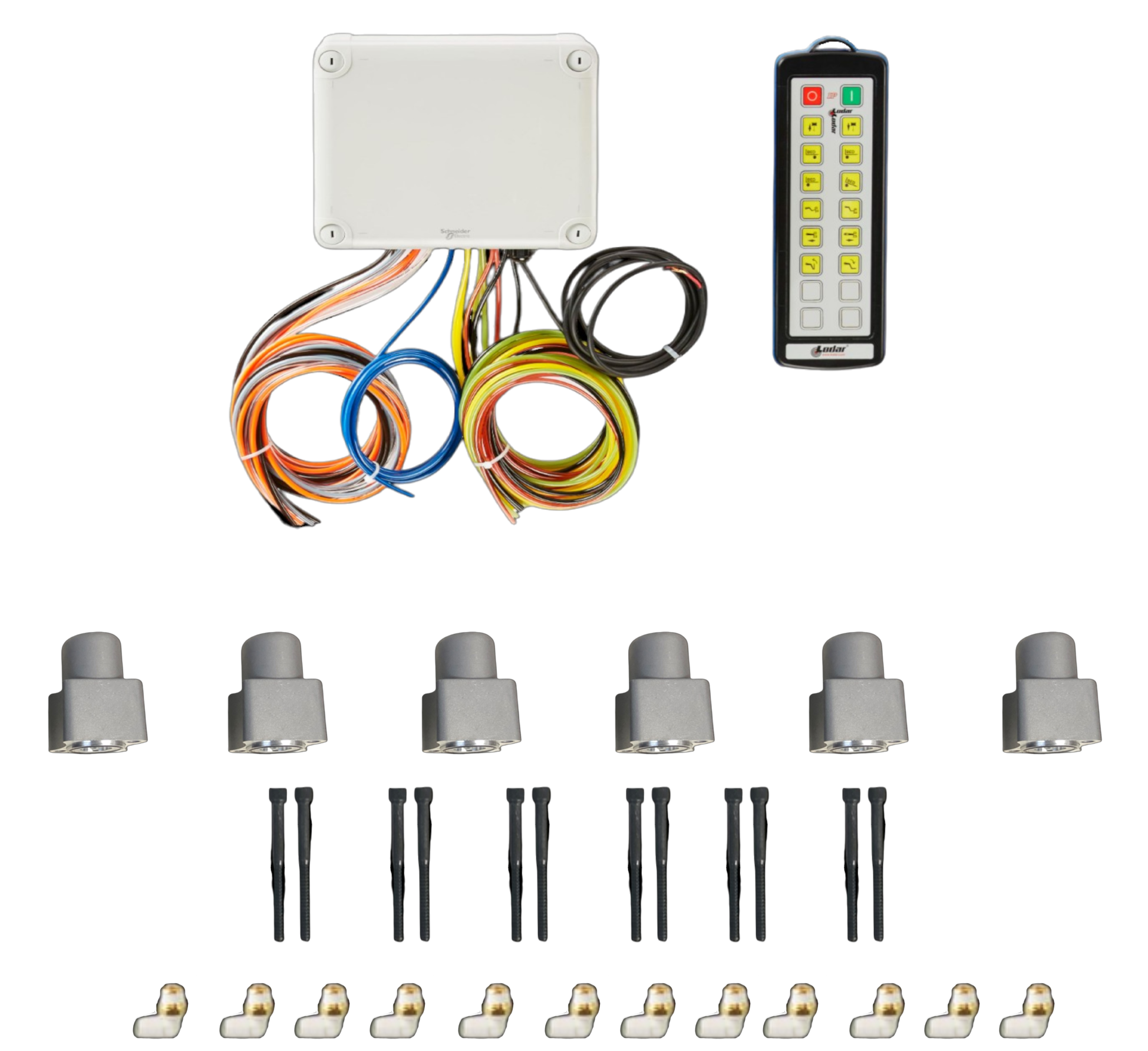 The PIERCE 12 Function Wireless Air System with Bolt on Actuator, ideal for wrecker operations, features a control box, remote, connectors, and multiple gray sensors arranged in a row.