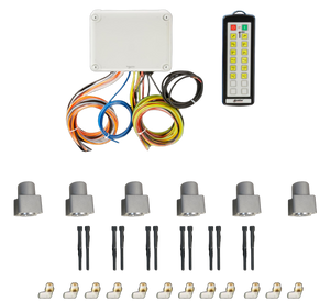 The PIERCE 12 Function Wireless Air System with Bolt on Actuator, ideal for wrecker operations, features a control box, remote, connectors, and multiple gray sensors arranged in a row.