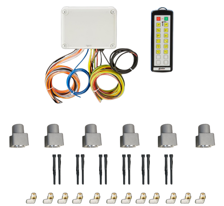 The PIERCE 12 Function Wireless Air System with Bolt on Actuator, ideal for wrecker operations, features a control box, remote, connectors, and multiple gray sensors arranged in a row.