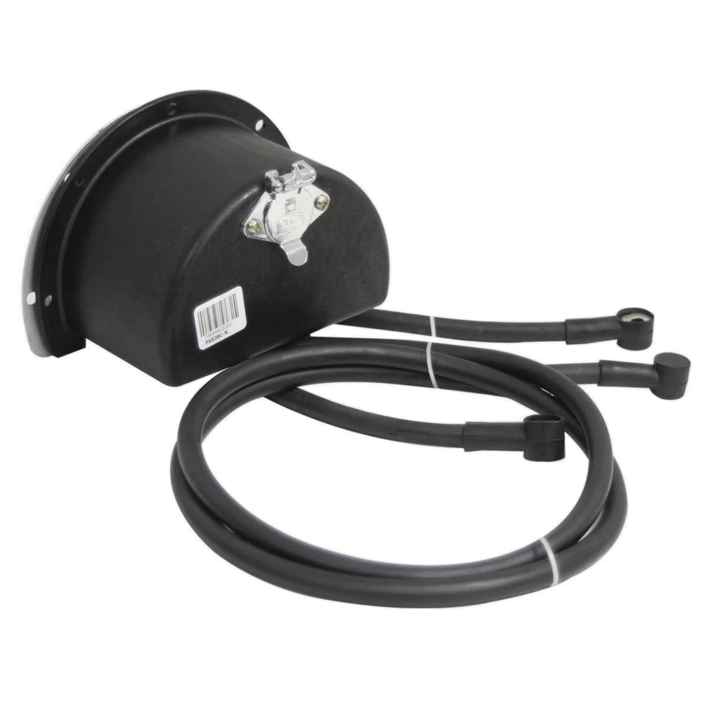 Black 12V Round Compact Solenoid Assembly by WPT Power (Shanghai) Ltd, with two attached spark plug wires, features a compact design and comes pre-wired for easy installation. Model: PS528N-CNV2. Shown on a white background.