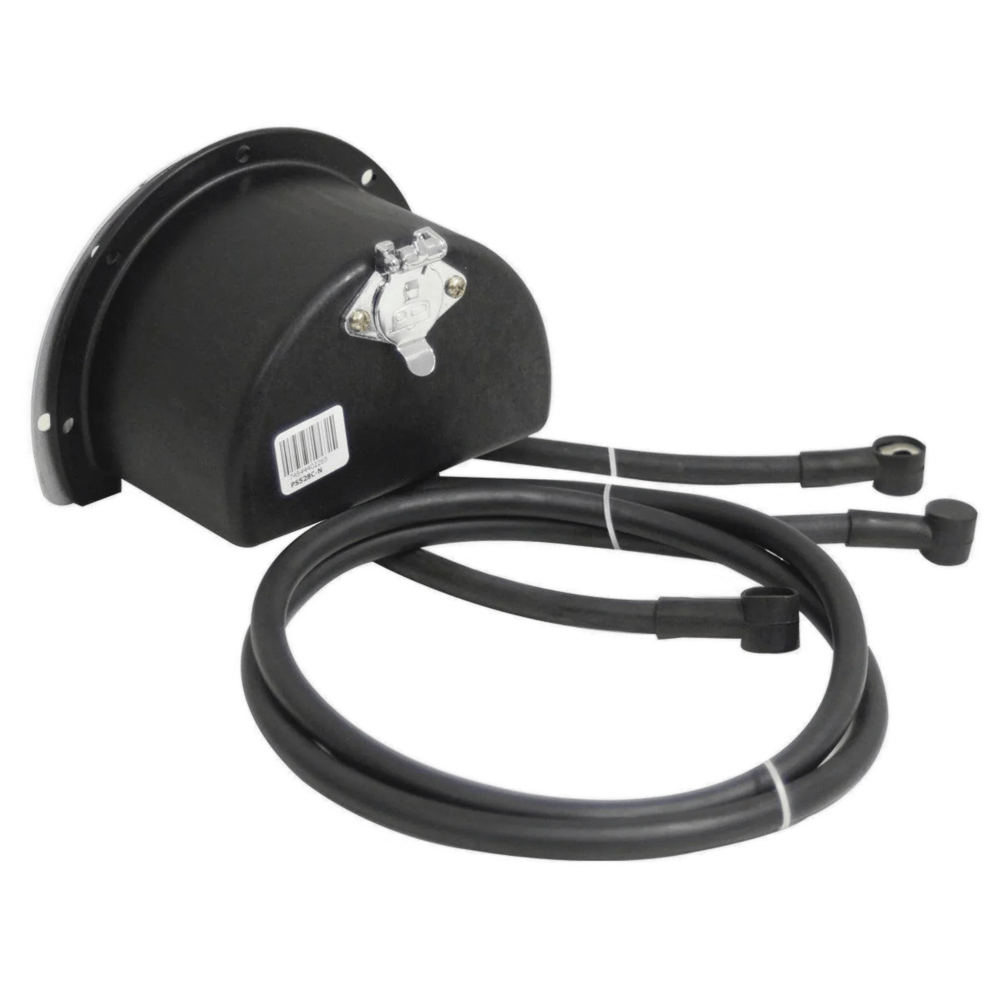 Black 12V Round Compact Solenoid Assembly by WPT Power (Shanghai) Ltd, with two attached spark plug wires, features a compact design and comes pre-wired for easy installation. Model: PS528N-CNV2. Shown on a white background.