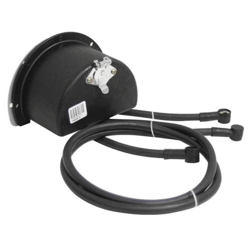 Black 12V Round Compact Solenoid Assembly by WPT Power (Shanghai) Ltd, with two attached spark plug wires, features a compact design and comes pre-wired for easy installation. Model: PS528N-CNV2. Shown on a white background.