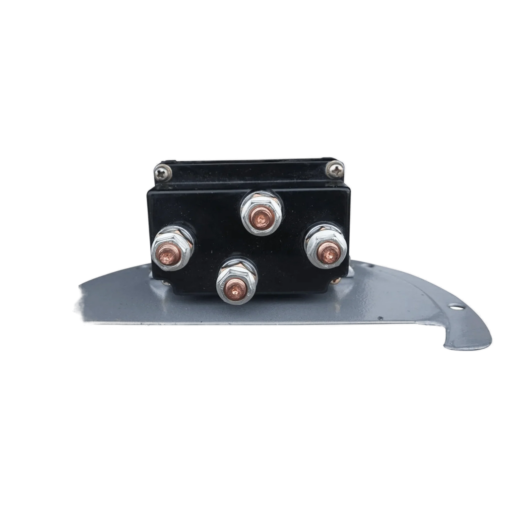 The WPT Power (Shanghai) Ltd 12V Round Compact Solenoid Assembly features five metal terminals, a black body, and comes pre-wired on a gray metal bracket.