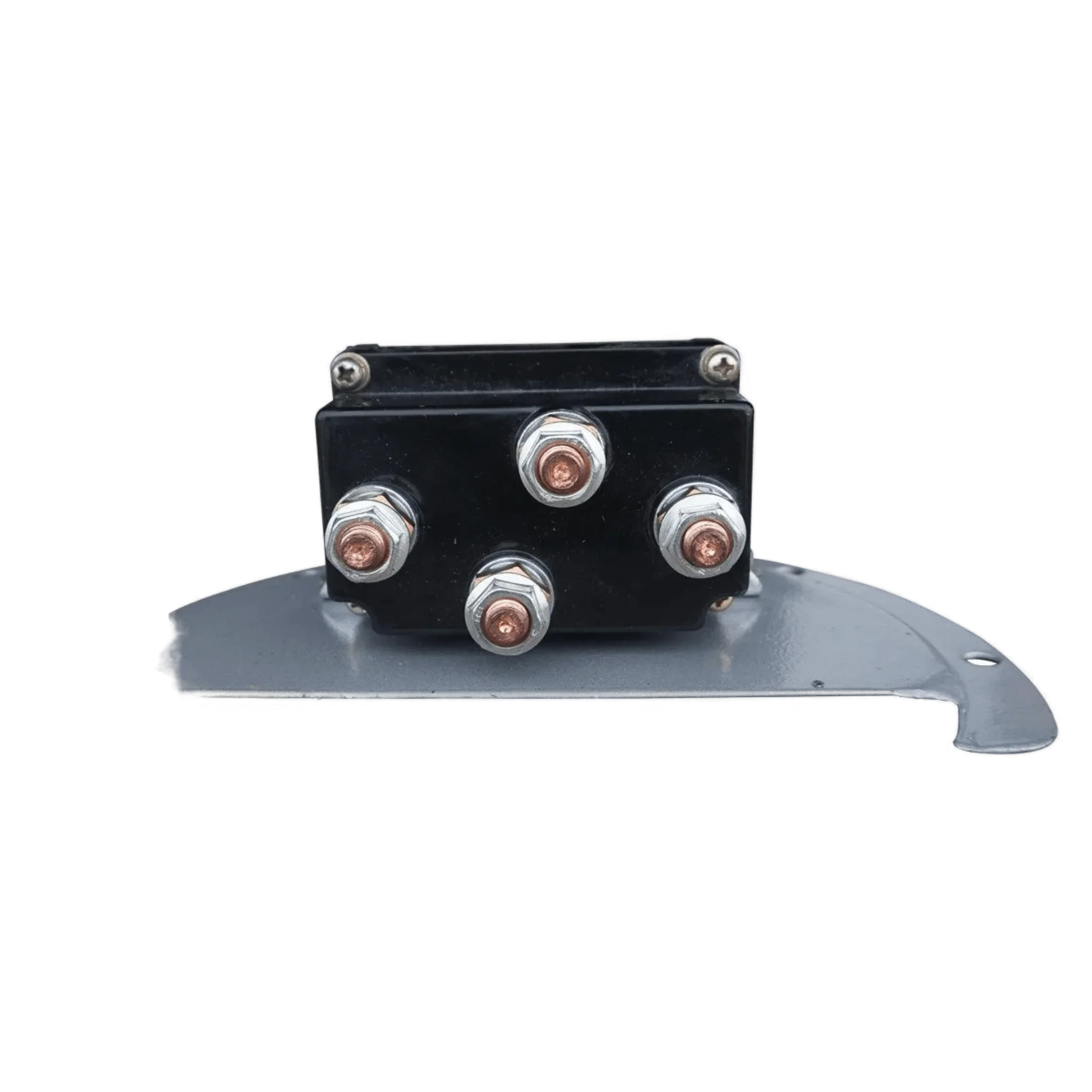 The WPT Power (Shanghai) Ltd 12V Round Compact Solenoid Assembly features five metal terminals, a black body, and comes pre-wired on a gray metal bracket.