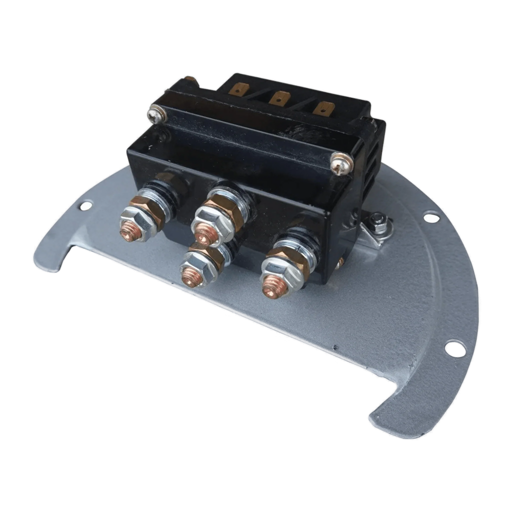 The WPT Power (Shanghai) Ltd 12V Round Compact Solenoid Assembly features a black electrical relay on a curved gray metal bracket with three terminal bolts, providing a compact design ideal for pre-wired assembly applications.