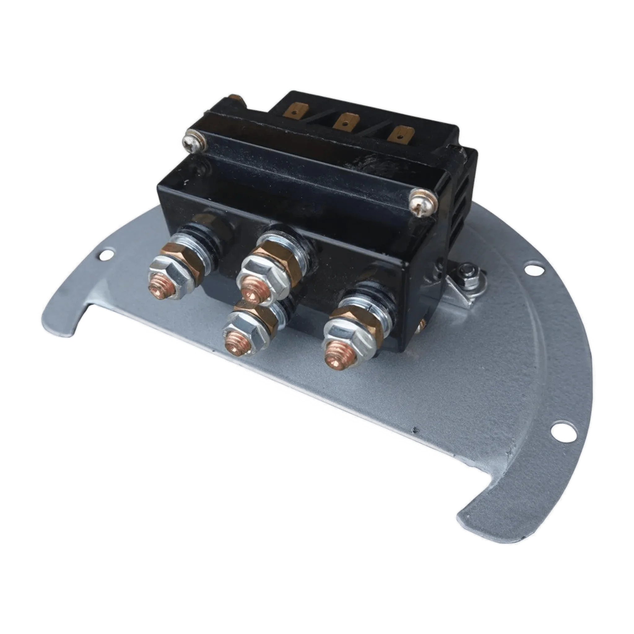 The WPT Power (Shanghai) Ltd 12V Round Compact Solenoid Assembly features a black electrical relay on a curved gray metal bracket with three terminal bolts, providing a compact design ideal for pre-wired assembly applications.