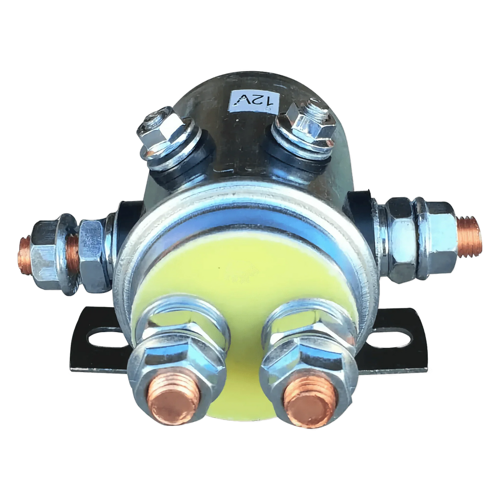 Asetek Enterprise Company LTD 12V Winch Solenoid with Grounding Screw, featuring metal terminals and a mounting bracket, compatible with PS528C solenoid assembly and PS654 winch, shown against a white background.