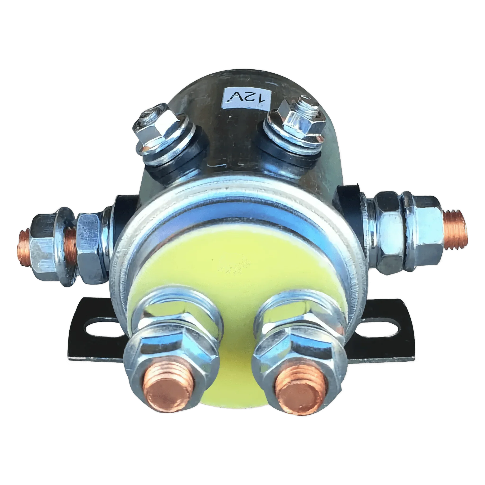 Asetek Enterprise Company LTD 12V Winch Solenoid with Grounding Screw, featuring metal terminals and a mounting bracket, compatible with PS528C solenoid assembly and PS654 winch, shown against a white background.